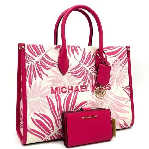 Michael Kors Medium Mirella Tote Bag & Medium Bifold Zip Chain Wallet Pink/Gold